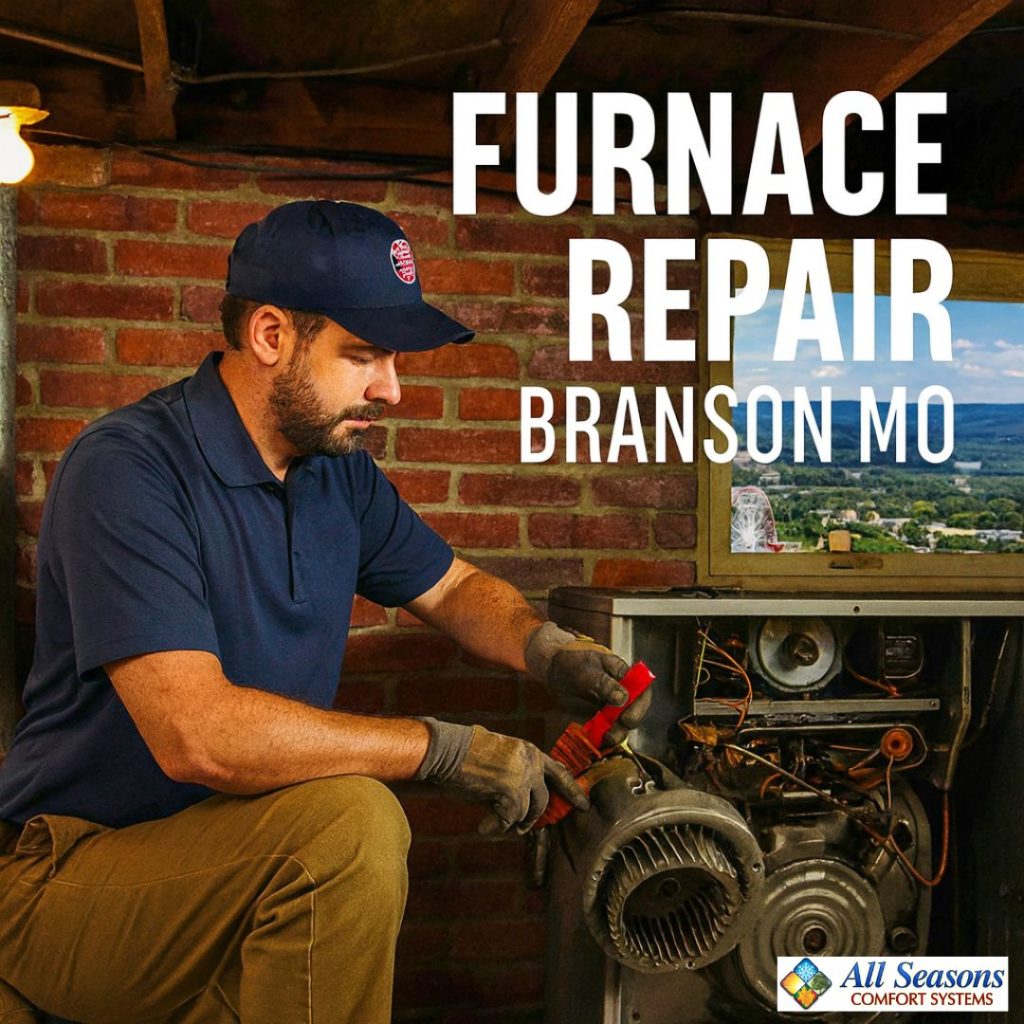 HVAC technician cleaning dust off a furnace blower motor inside a Branson MO home basement, with Branson Ferris wheel visible through a window.